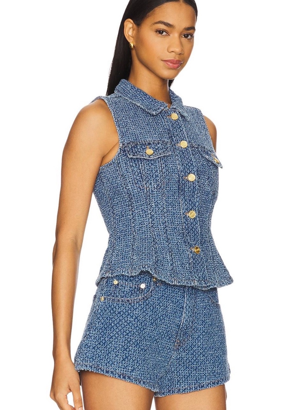GANNI Fluffy Denim Vest & Shorts Matching Set
